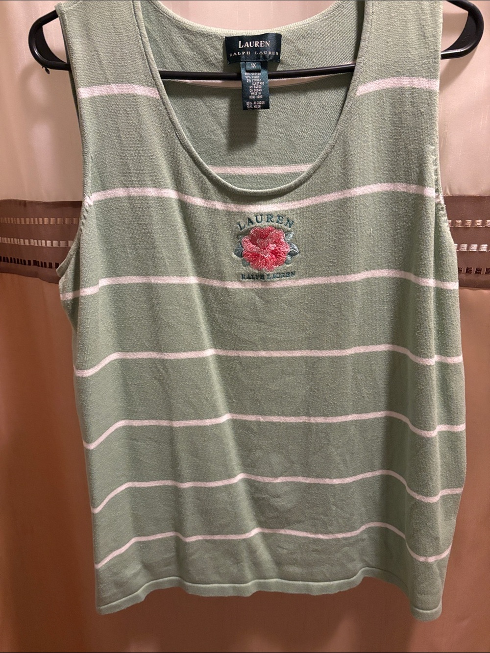 Lauren Ralph Lauren Mint Green & White Striped Tank with Floral Embroidery